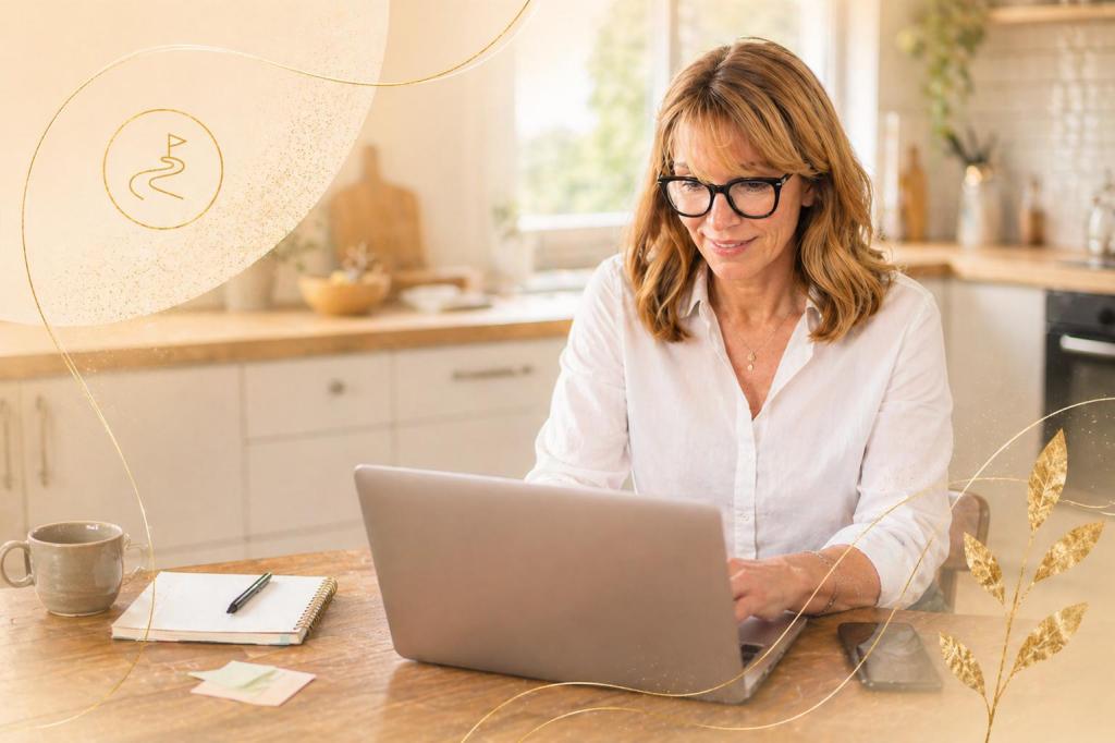 Woman sitting in her kitchen dining area online on her laptop