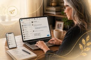 Mature woman working in her LinkedIn page