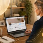 Mature woman looking at the laptop screen and working online