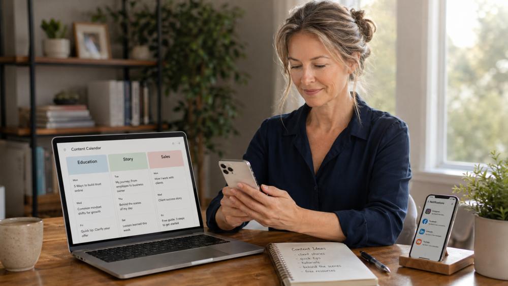 Woman engaged with her phone and laptop, planning social media content